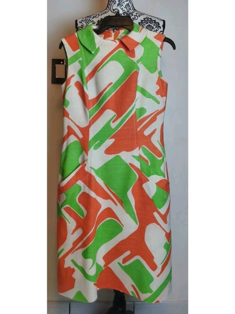 Vintage Lord & Taylor McMullen Moygashel Linen Shift Dress Sz 10 Green Orange